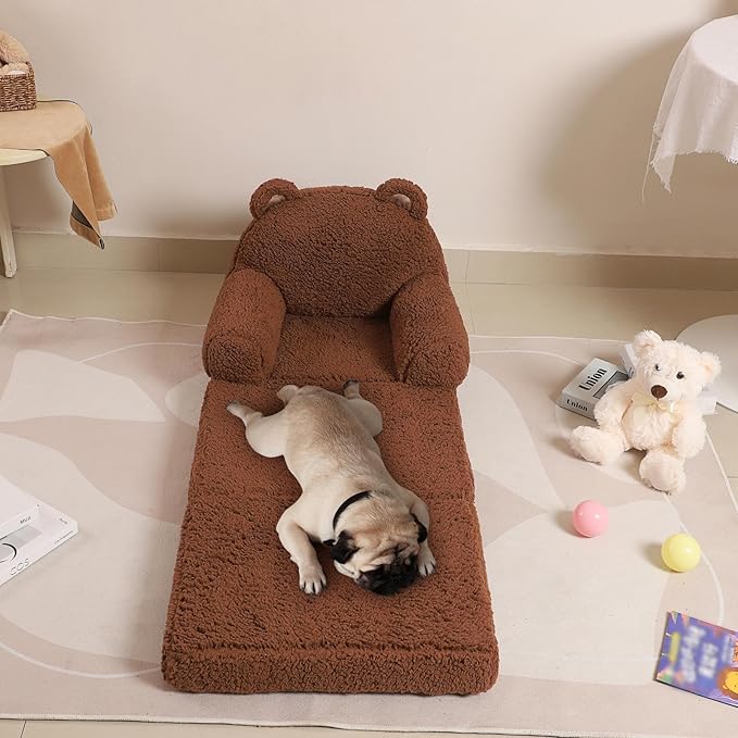 Foldable Kids Sofa, Sherpa Teddy Bear Toddler Couch with Tri Folding Foam Cushions, Comfy Couch for Kids Age 18 Months and Up-NeatNest