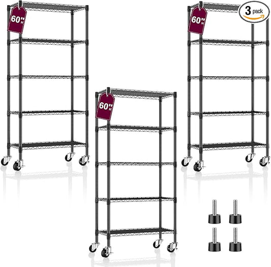 3 Pack 5-Tier Metal Wire Shelving Unit with Wheels & Feet, 14" D x 30" W x 60" H,750 lbs Capacity Adjustable Heavy Duty Steel Wire Rack Storage Shelves for Kitchen, Garage, Pantry