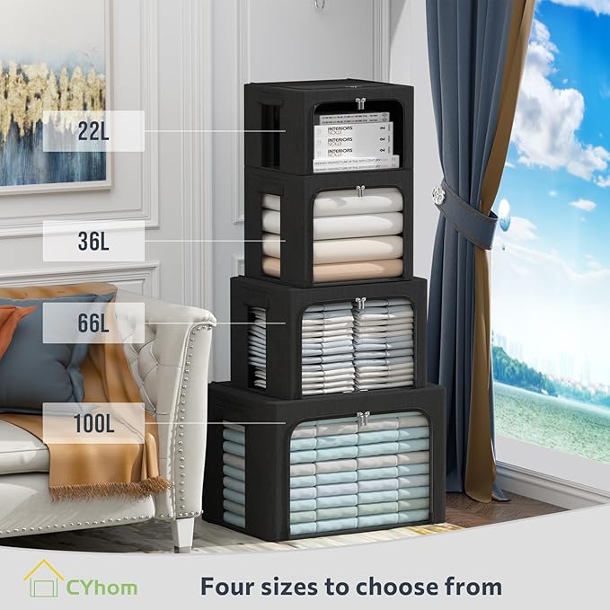 3Pack Foldable Storage Bins - Frame Storage Box Linen Fabric Stackable Clothes Container Organizer with Clear Window & Carry Handles Large Capacity (Extra Large-100L, Black)-NeatNest