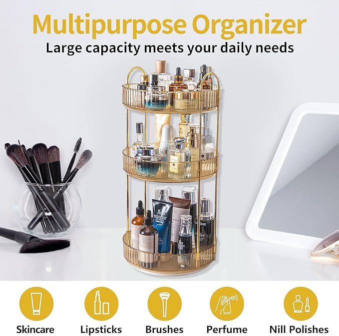 360 Rotating Makeup Organizer for Vanity,3 Tier Large Capacity Vanity Storage,Skincare Perfume Spinning Organizer,Bathroom Cosmetics Storage Makeup Stand Organizer (Gold-3 Tier)-NeatNest