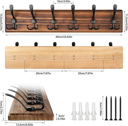 Coat Rack Wall Mount, Wooden Heavy Duty Coat Rack for Wall,6 Triple Coat Hanger Hooks for Hanging Coats,Jacket,Hat,Clothes (Brown, 6 Hooks)-NeatNest