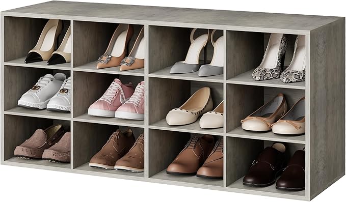 Garden 4 you Shoe Storage Bench, Cubby Shoe Rack with 12 Cubbies, 3-Tier Wood Shoe Rack Organizer, Shoe Organizer Cabinet for Entryway, Hallway, Closet and Garage, Grey-NeatNest