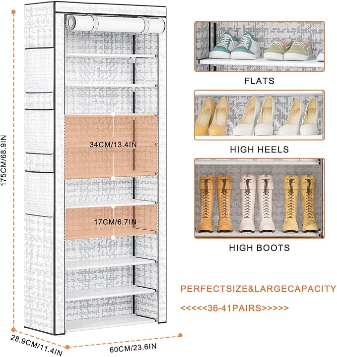 Shoes Rack 10 Tier Tall Shoe Rack with Storage Pockets, Fabric Covered Shoe Racks,Metal Shoes Rack Organizer for Closets,Bedroom, Garage-NeatNest