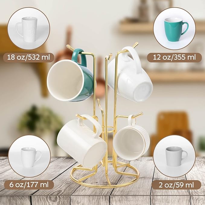 HULISEN Mug Holder for Large Cups, Mug Tree for Counter with 6 Hooks, Metal Coffee Mug Stand for Easy Pick, Place and Display, Coffee Bar Accessories and Decor, Free Standing Mug Rack, Gold-NeatNest
