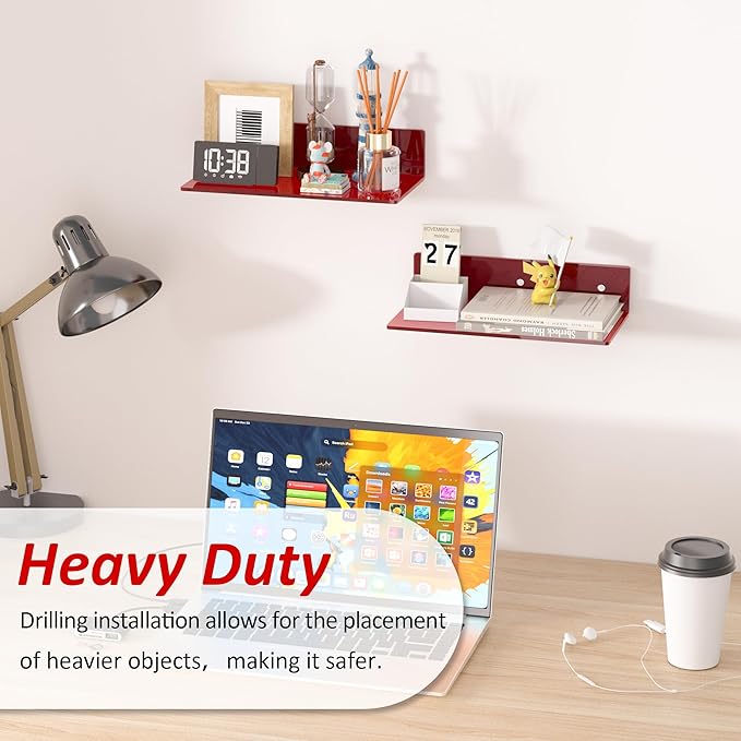 12 Inches Red Small Wall Shelves, Acrylic Bathroom Shelves for Wall, Floating Shelves for Living Room, Funko Pop Shelves, 2 Pack-NeatNest