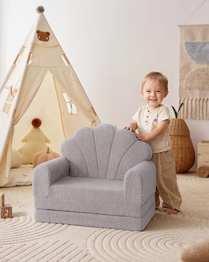 Blissful Diary Foldable Toddler Couch, 2-in-1 Comfy Toddler Chair & Lounger for Reading, Nap, Playroom, Kids Couch Sofa for 1 2 3+ Year Old Girls Boys Baby Birthday Gift, Gray Shell-NeatNest