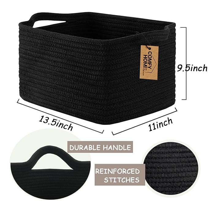 COMFY-HOMI Storage Basket for Shelves, Woven Baskets for Storage, Cotton Rope Basket,Toy Storage Organizer, Storage Cube Bin, Organization and Storage, Towel Baskets for Gift Empty, All Black-NeatNest