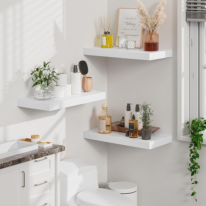 Heimlove 12" Deep White Floating Shelves for Wall, 24 Inch Wall Shelf Bathroom Shelves Set of 2, Wall Mounted Shelves for Books Living Room Laundry Room Bedroom Kitchen Home Office-NeatNest