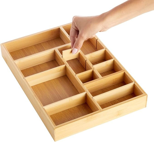 Juvale Drawer Organizer Tray - 14 x 10 x 2 In Brown Bamboo - 8 Adjustable Dividers for Custom Storage - Silverware & Utensil Organizer - Desk Drawer Divider - Versatile Wooden Divided Tray-NeatNest