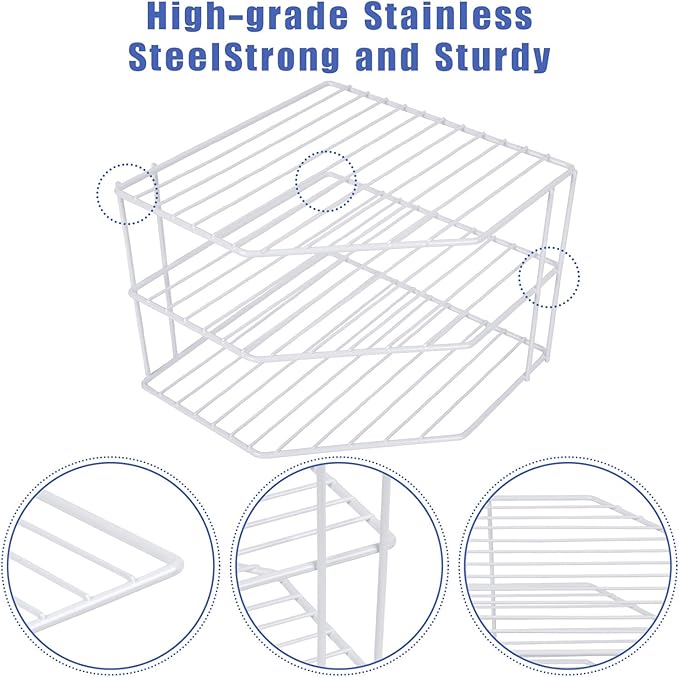 3-Tier Corner Shelf Counter and Cabinet Organizer - Steel Metal Wire - Rust Resistant - Plates, Dishes, Cabinet & Pantry Organizer - Kitchen Organization (10 x 7.5 Inch)(White)