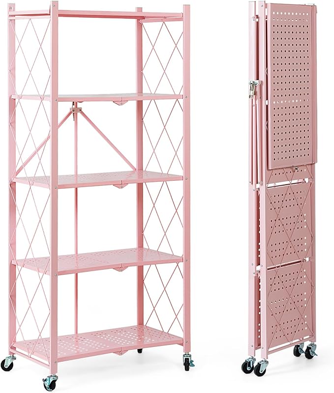 BRIAN & DANY 5-Tier Foldable Storage Shelves with Wheels, Folding Metal Rack Shelving Unit, Heavy Duty No Assembly Organizer Shelf for Garage, Kitchen, Basement, Pantry, Pink-NeatNest