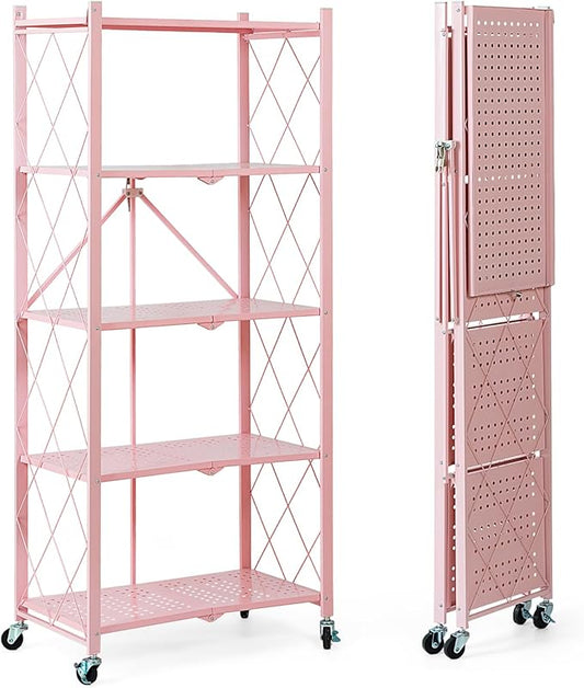 BRIAN & DANY 5-Tier Foldable Storage Shelves with Wheels, Folding Metal Rack Shelving Unit, Heavy Duty No Assembly Organizer Shelf for Garage, Kitchen, Basement, Pantry, Pink-NeatNest