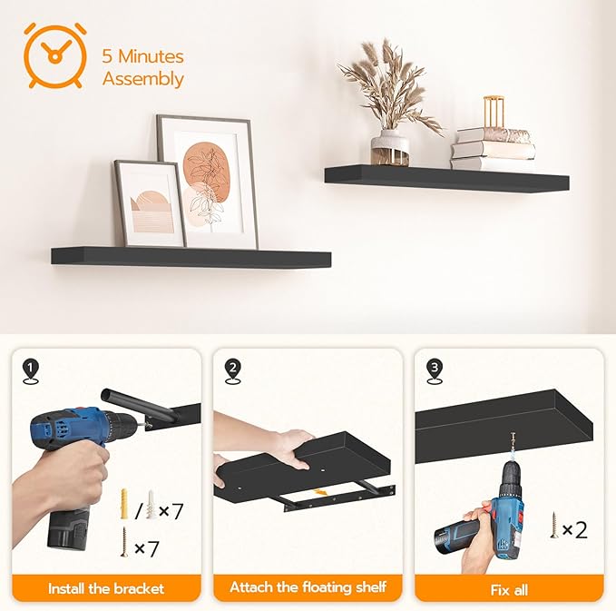 HOOBRO Floating Shelves for Wall, Wall Mounted Shelf Set of 2, 31.5" Hanging Shelf with Invisible Brackets, for Wall in Bathroom, Bedroom, Toilet, Kitchen, Living Room, Office, Black BK80BJP201-NeatNest