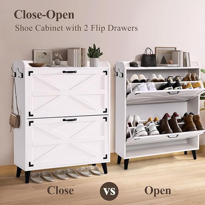 Shoe Cabinet Storage for Entryway - Narrow Shoe Storage Cabinet with 2 Flip Drawers, Farmhouse Shoe Organizer for Entryway Slim Hidden Shoe Rack Cabinet with Hooks for Hallway Foyer Garage-NeatNest