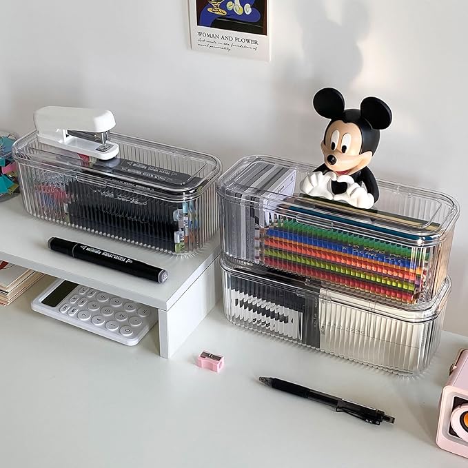 3 Pack Clear Pen Organizer for Desk Drawer, Plastic Home Office Supplies Storage Container for Marker, Crayons, Brushes, Mini Toys, Art Crafts, Pencil Case with Lid