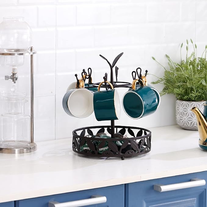 Coffee Mug Holder with Coffee Pod Basket Storage, Rotatable 6-capacity Cup Mug Holder Tree, Coffee Counter Bar Accessory & Kitchen Organizer-NeatNest
