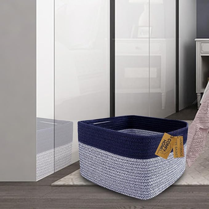 COMFY-HOMI Rectangular Cotton Rope Basket With Handles for Shelves|Dog Toy|Baby Gift - Dark Blue (13.5" x 11" x 9.5")-NeatNest