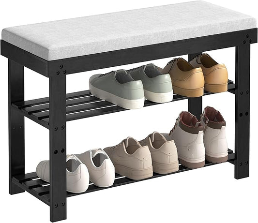 Bamboo Shoe Bench, 3-Tier Shoe Rack, Entryway Bench with Cushion and Adjustable Shelves, Shoe Rack for Entryway, Hallway, Mudroom and Living Room, Black