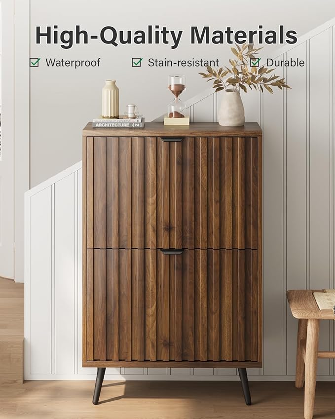 Fluted Shoe Storage for Entryway, Walnut Hidden Cabinet With Metal Legs, Organizer With Flip Doors, Slim Entryway Storage