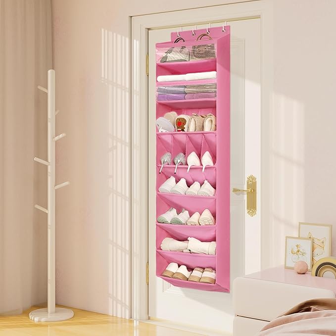 FENTEC 1 Pack 8 Shelves Over The Door Shoe Organizer,68" Exlarge Deep Pockets Hanging Shoe Organizers, Shoe Rack for Closet, Shoe Holder for Boots,Over Door Organizer in Home, RV, Dorm, Pink-NeatNest