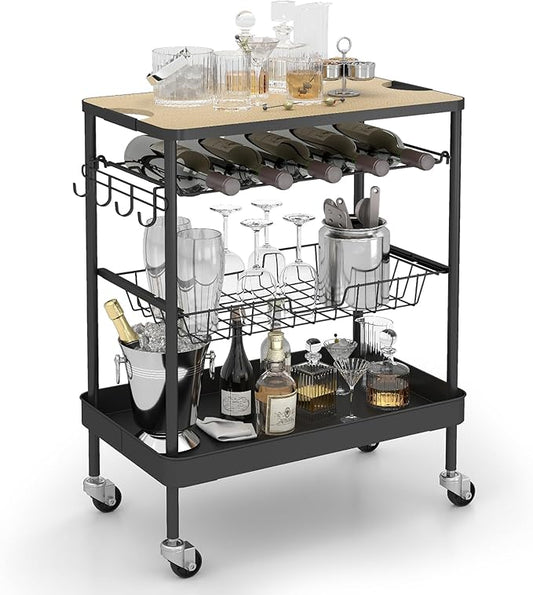 4 Tier Rolling Cart Metal, Easy Install Bar Cart, Heavy Duty, Lockable Wheels for Kitchen, Living Room, Microwave, Black
