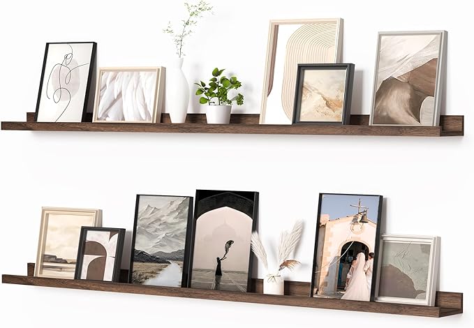 Heimlove Picture Ledge Shelf, Floating Shelves Set of 2, 56 Inches Picture Shelf for Wall with Ledge, Kids Bookshelf Wall Mounted for Living Room Bedroom Decor Books Photo Frames, Walnut-NeatNest