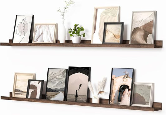 Heimlove Picture Ledge Shelf, Floating Shelves Set of 2, 56 Inches Picture Shelf for Wall with Ledge, Kids Bookshelf Wall Mounted for Living Room Bedroom Decor Books Photo Frames, Walnut-NeatNest