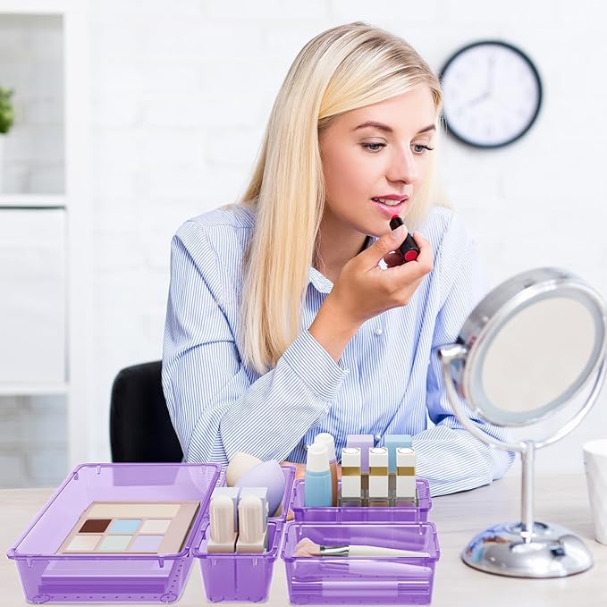 15 PCS Clear Plastic Drawer Organizer Set, 4-Size Acrylic Drawer Storage Trays, Storage Bins for Makeup, Gadgets, and Jewelry in Bathroom, Bedroom and Office, Clear Purple-NeatNest