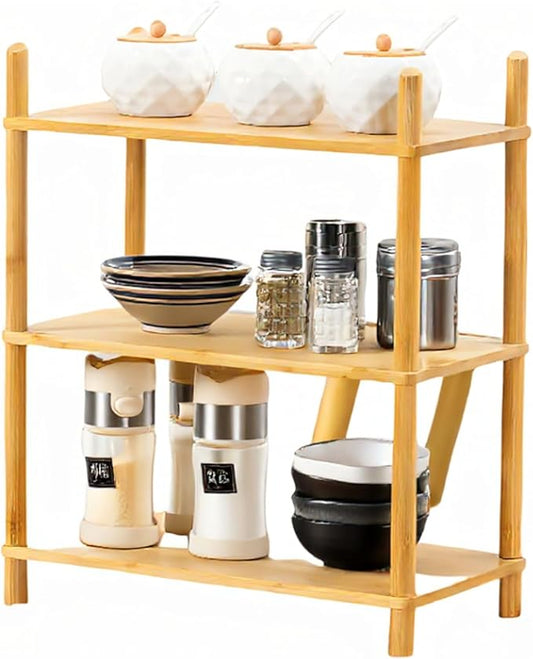 Bamboo Rack | Tool-Free Expandable (2-6 Tiers) | Kitchen Spice Organizer & Office Breakroom Snack/Cup Storage (Natural Bamboo)(Powered by Gogogo) (Natural, 15.6" W(3 Tier))-NeatNest