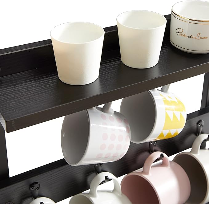 IBUYKE Rustic Coffee Mug Holder Stand, 2 Tier Countertop Mug Tree Holder Rack with Storage Base, Vintage Mug Holders for Kitchen, Holds 8 Mugs, Black UTBJ002B-NeatNest