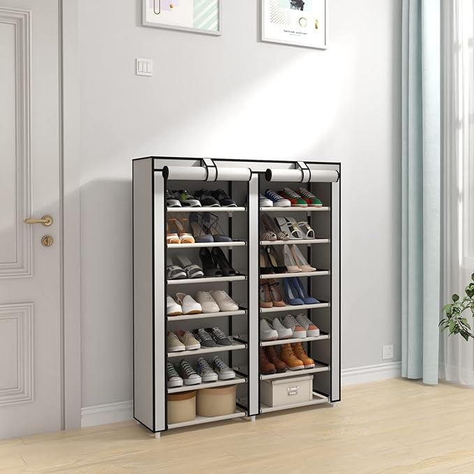 JIUYOTREE Double Row Shoe Rack Storage Organizer with Big Capacity,7-Tier Shoe Cabinet,Shelf,Closet with Nonwoven Fabric Cover for 28 Pairs of Shoes,Grey-NeatNest