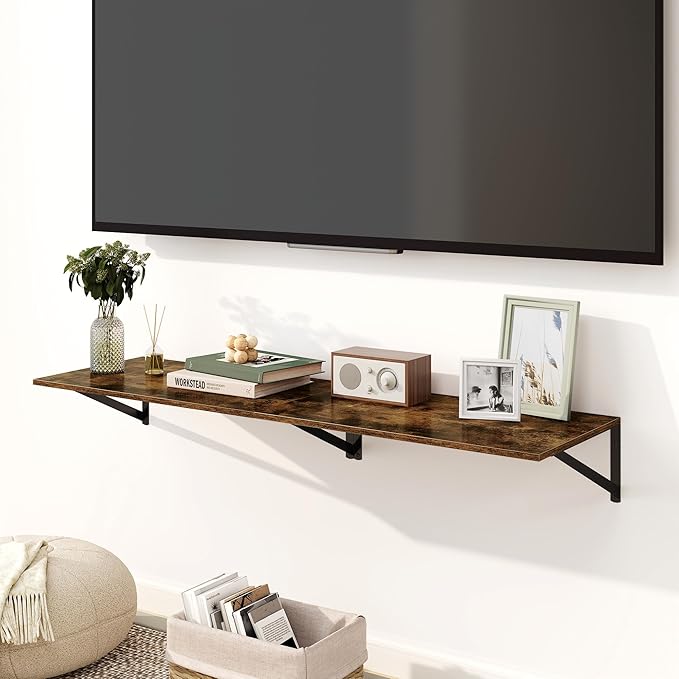 Fun Memories Floating Shelves for Wall, 12 Inch Deep Floating Shelves Set of 2, 24W x 12D Large Wall Shelf with Sturdy Metal Brackets for Living Room, Bathroom, Bedroom and Kitchen, Rustic Brown-NeatNest