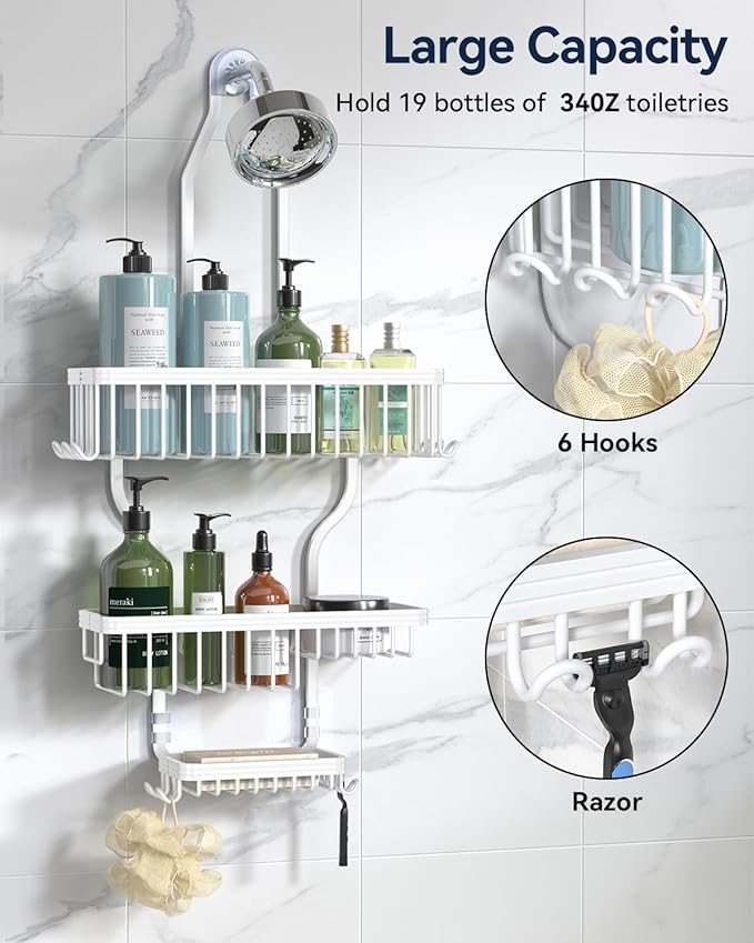 YASONIC Shower Caddy Hanging - Never Rust Shower Organizer - Aluminum over The shower head caddy with 10 Hooks for Razor/Sponge - Shower Rack with Soap Basket - White
