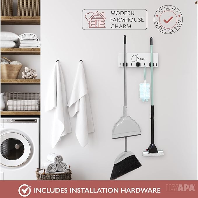 Ilyapa Broom Organizer Wall Mount, Broom and Mop Organizer Hanging, White Wooden Hanger Wall Mount, Kitchen Laundry Room Storage Rack Holder, Farmhouse Arranger with Hooks