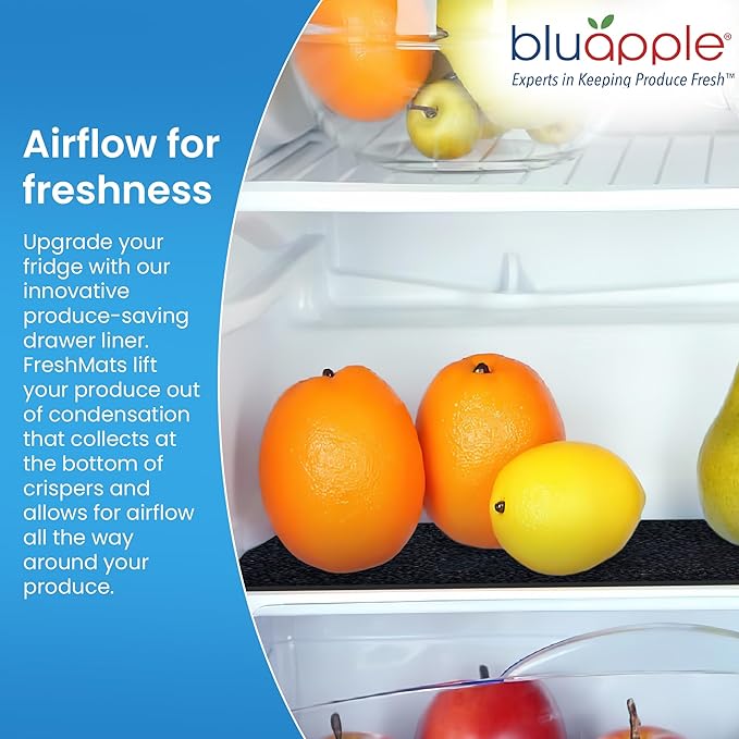 Bluapple FreshMats, Refrigerator Bin Liner, Fridge Drawer Mats, Crisper Life Extender Liner Keeps Produce Fresh Longer, Anti-Bruising, for Air Circulation, Washable & Reusable (4-Mats, 12x15, Black)