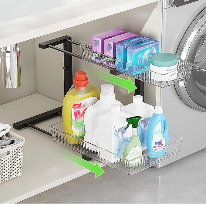 2 Pack Under Sink Organizer, 2 Tier Pull Out Storage Organizer, Slide Out Storage Shelf for Bathroom & Kitchen, Under Cabinet Organizer and Storage with 5 Gears Height Adjustable (Black)-NeatNest