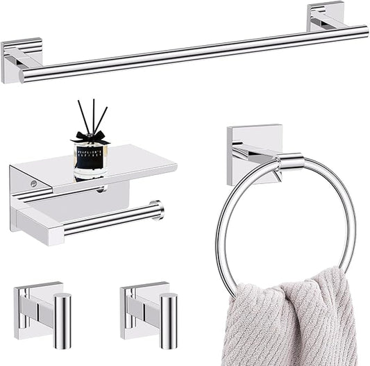 5PCS Polish Chrome Bathroom Hardware Set, SUS304 Stainless Steel Towel Bar Set-23.6 inches Towel Bar, Toilet Paper Holder with Shelf, Towel Ring and Two Towel Hooks, Towel Holder Set Wall-Mounted