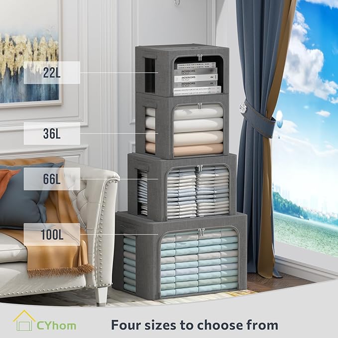 3Pack Foldable Storage Bins - Frame Storage Box Linen Fabric Stackable Clothes Container Organizer with Clear Window & Carry Handles Large Capacity (Medium-36L, Dark Gray)-NeatNest
