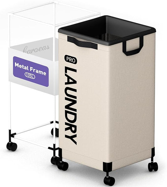 Caroeas Next-Gen 105L Matel Frame Laundry Basket with wheels, Heavy Duty Tall Rolling Laundry Hamper with Removable Wash Bag, Collapsible Freestanding Clothes Hamper (100L,Beige,1Pack)