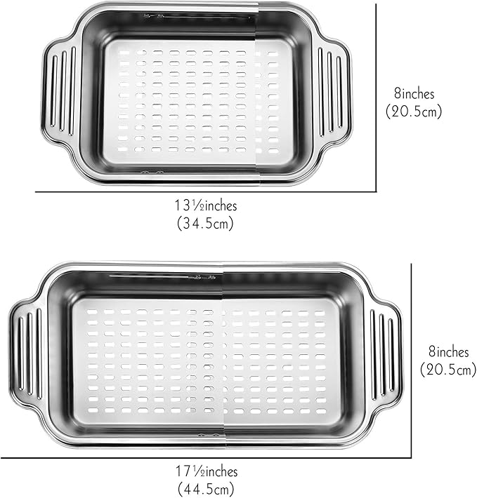 LUEXBOX Expandable Dish Drying Rack Over The Sink, Stainless Steel Drainer Basket with Adjustable Arms for Vegetable and Fruit (Silver)