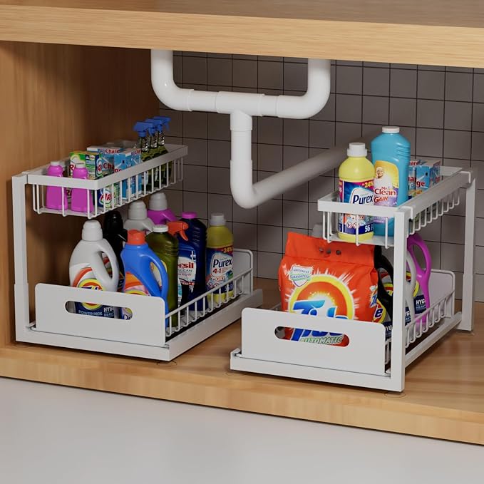2-Tier Under Sink Slide Out Organizer, 2 Pack Pull Out Cabinet Storage Shelf with Sliding Wire Basket Drawer for Bathroom Kitchen, Countertop or Pantry Shelf, White-NeatNest