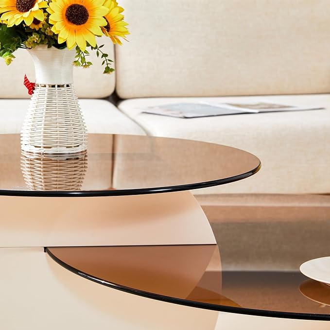 Glass Coffee Tables for Living Room Round Coffee Tables Modern Double Layer Round Table Circle Coffee Table for Small Space Home Office (42 Inch Amber Yellow Glass)
