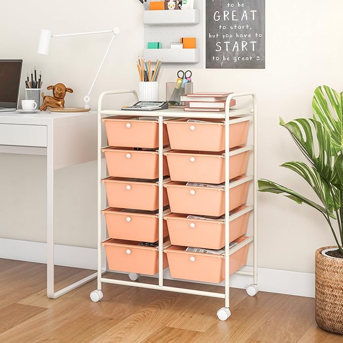 Moccha Rolling Cart with 10 Drawers - Under Desk Storage Drawers with wheels for Craft Art Supply Paper Salon, Under Desk Cabinet on Wheels, Multipurpose Movable Utility Cart for Classroom