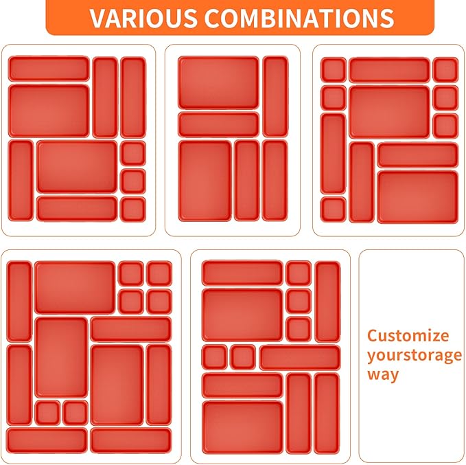 45 Pack Desk Drawer Organizer Tray, 3 Sizes Plastic Drawers Organizer Storage for Kitchen, Bathroom, Office, Vanity, Makeup, Utensils, Junk Drawer Organizer Bins, Gadget Trays for Organizing, Red-NeatNest