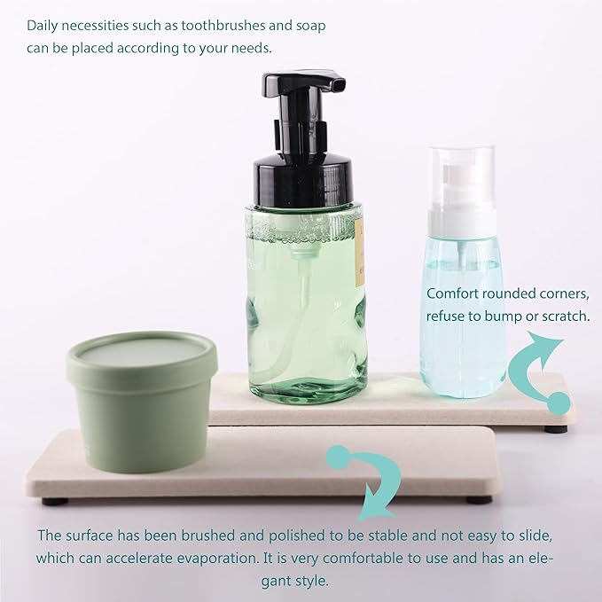2 Pcs Water Absorbing Stone Trays, Kitchen/Bathroom Sink Soap Dish, Diatomite Tray Used for Hand Soap & Cosmetic Bottles in The Modern Home, 3.15" W x 8.7" L, Light Gray-NeatNest