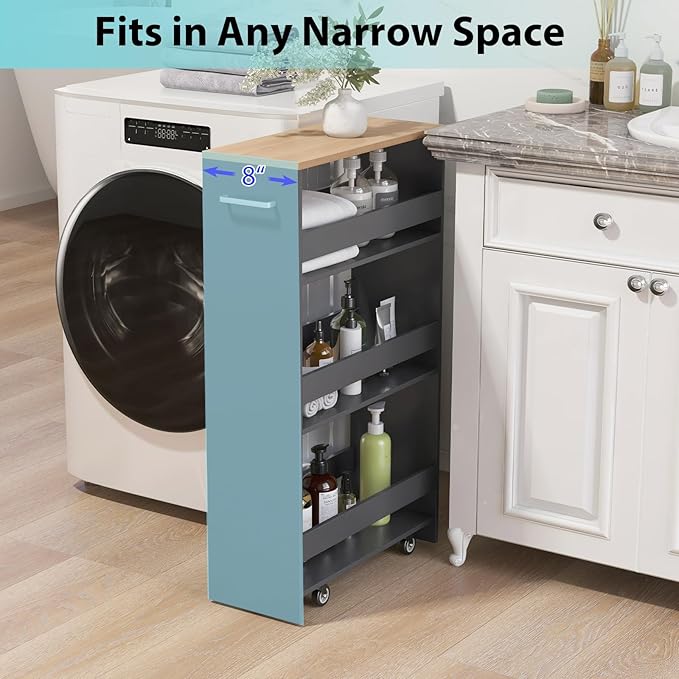 POWERSTONE 4-Tier Slim Storage Cart, Narrow Kitchen Rolling Cart w/Handle & Open Shelves, Skinny Slide Out Utility Organizer Trolley for Kitchen Bathroom Laundry Small Spaces Grey & Natural