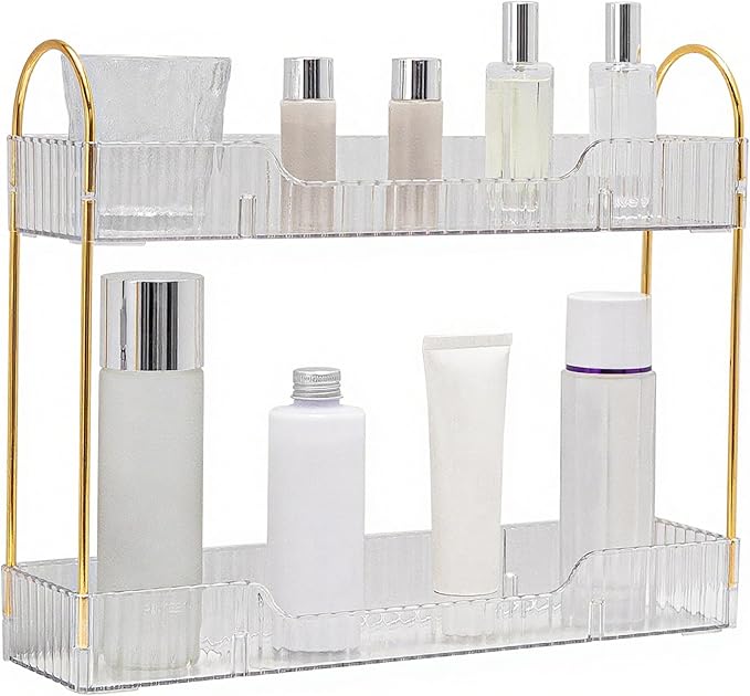 YCIA&DONE 2 Tiers Narrow Vanity Makeup Organizer, Bathroom Organizer Countertop Slim, Perfume Holder Skincare Storage Cosmetic Shelf Spice Rack, for Small Desktop Space, White Clear-NeatNest