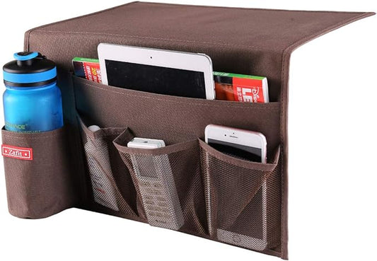 5 Pockets Bedside Caddy, Bedside Storage Organizer for Water Bottles, Magazines, Phone, Glasses (5 Pockets-Coffee)-NeatNest