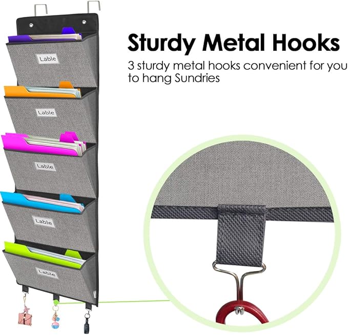 homyfort Over the Door File Organizer, Wall Hanging File Folders with 5 Large Pocket for Mails, Magazines, Back to School Supplies,Office Chart Storage, Paper Organization (Grey)-NeatNest