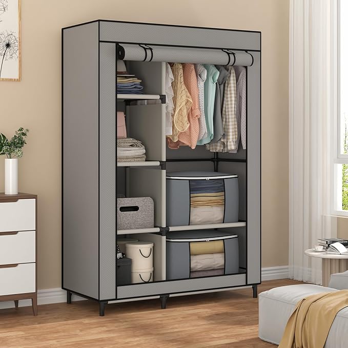 Calmootey Portable Closet, Wardrobe with 6 Shelves and Hanging Rod, Storage Organizer for Bedroom, Non-Woven Fabric Cover with 4 Side Pockets, Includes 2 Storage Bags for Clothes, Grey-NeatNest